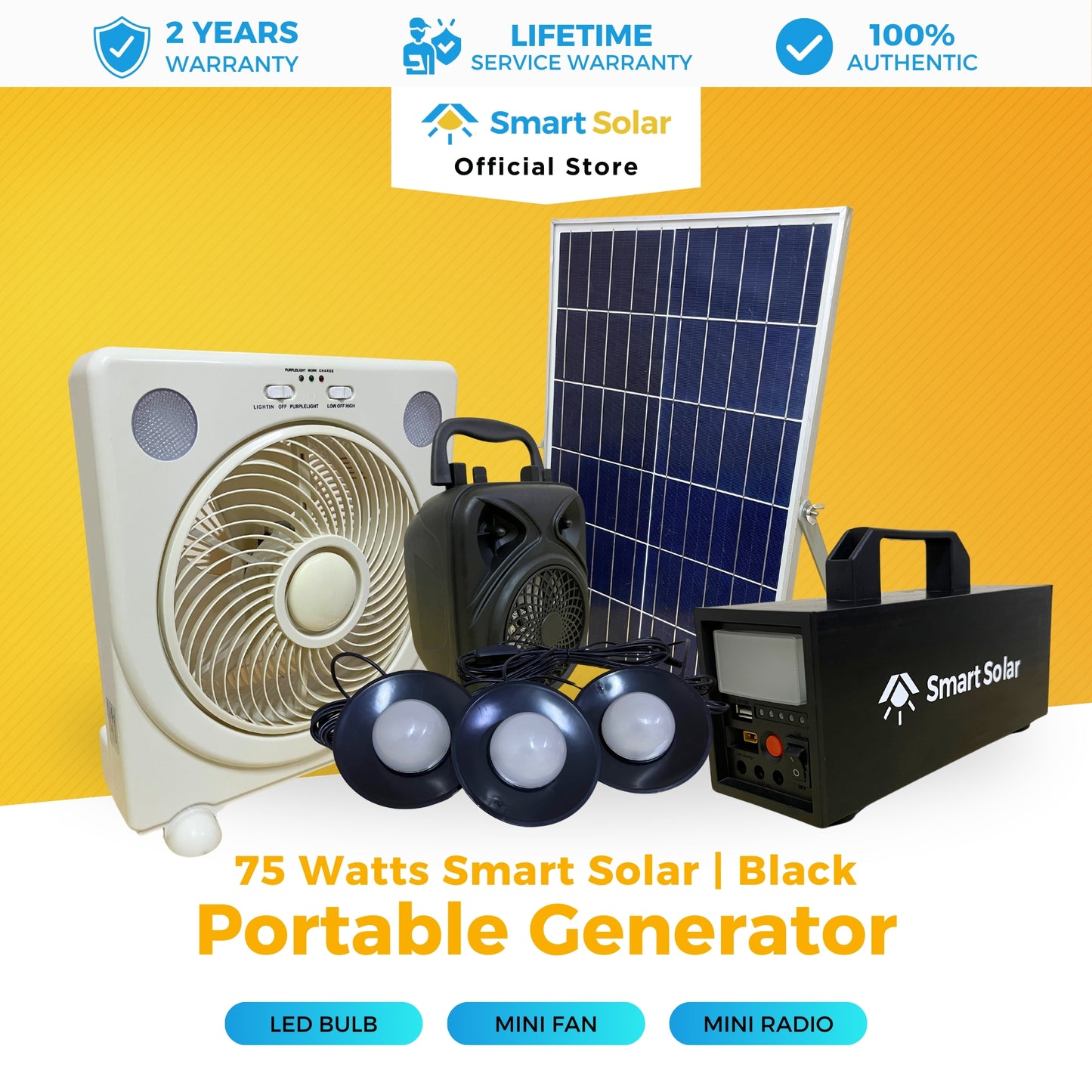 75 Watts Smart Solar Portable Black Generator with Square Fan