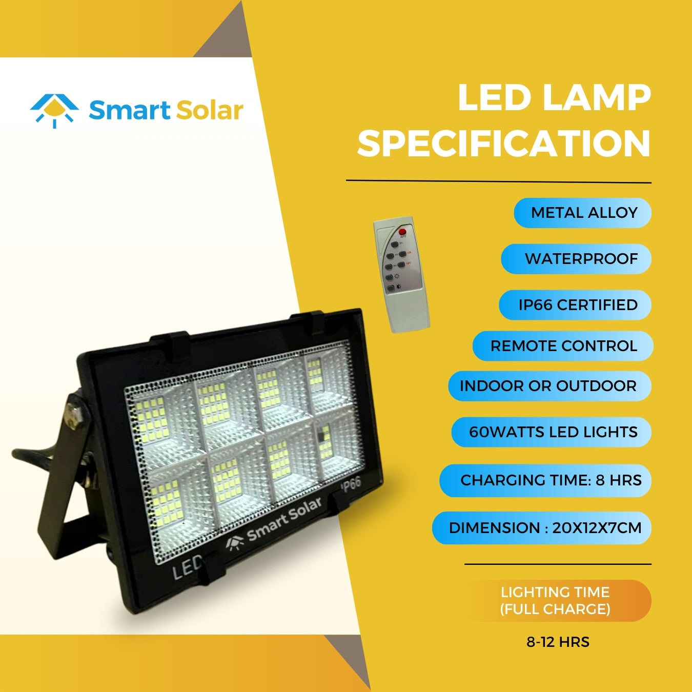 60 watts Smart Solar Waterproof LED Lamp